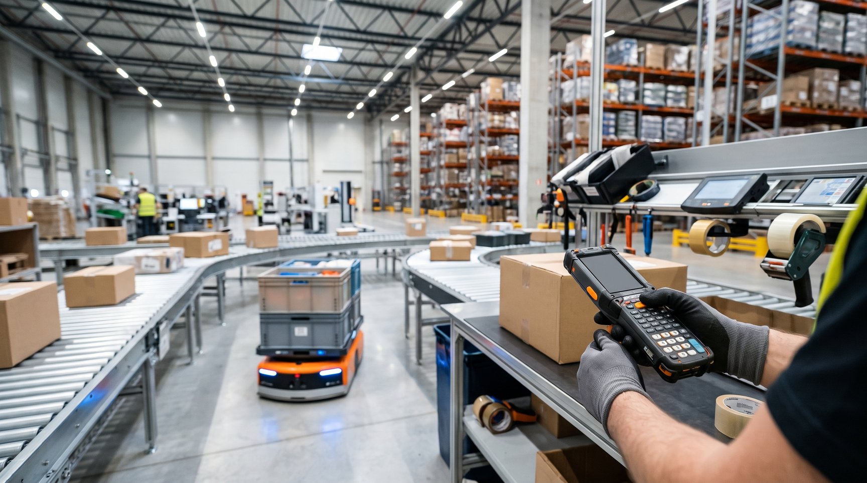 Mitarbeiter nutzt mobiles MDE-Terminal und Scanner an ergonomischer Packstation in deutscher Logistikhalle für papierlose Kontraktlogistik.
